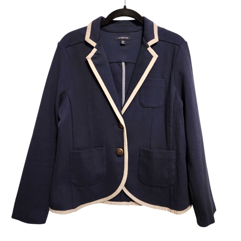 LANDS END BUTTON SWEATER BLAZER CARDIGAN KNIT BLEND NAVY BLUE POCKETS WOMAN' 10P